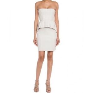 BCBG Strapless Lace Up Corset Peplum Mini Dress in Light Ash